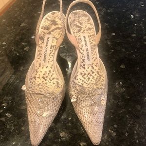 Manolo Blahnik snakeskin slingback pointed toe pump with bow detail